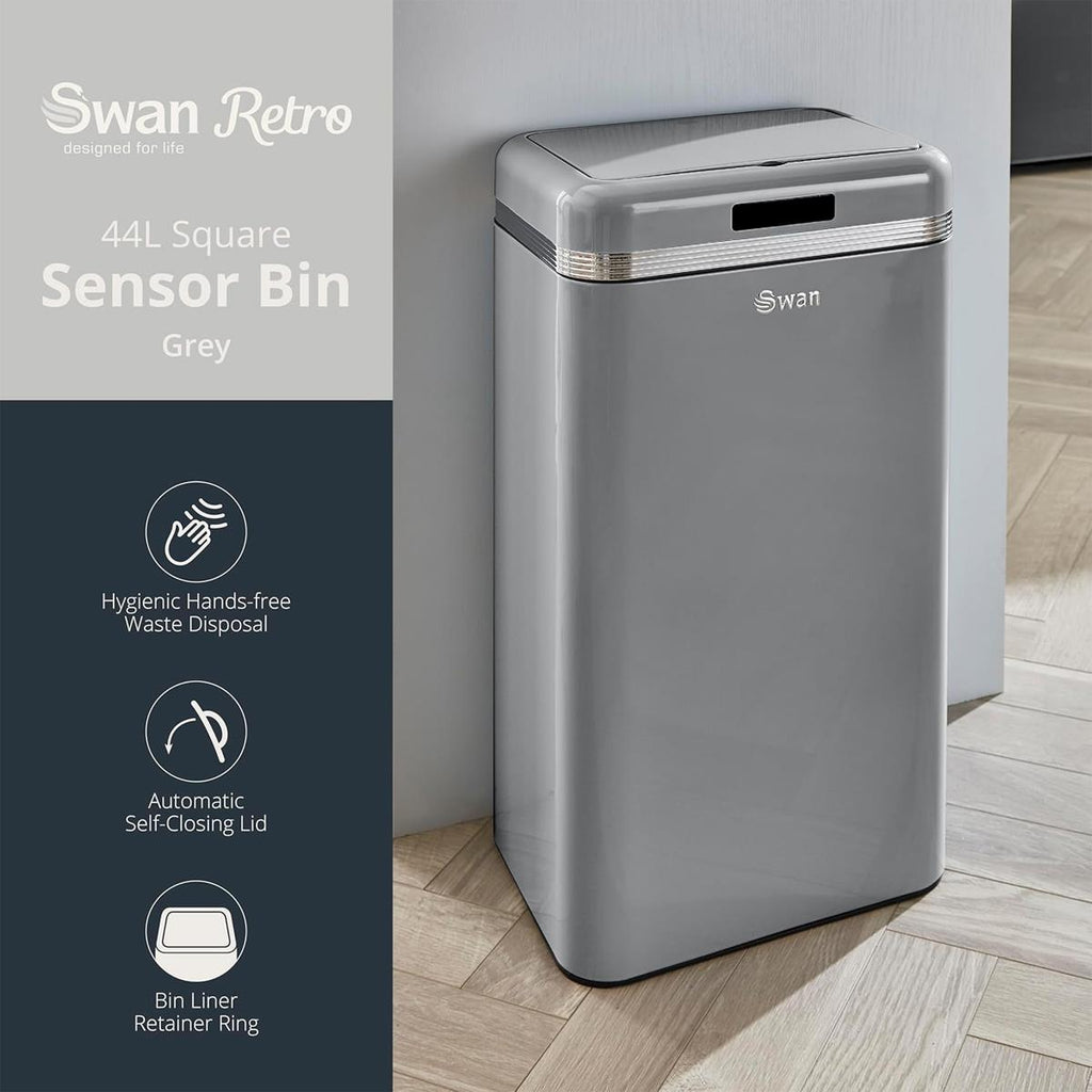Swan Retro Square Sensor Bin With Infrared Technology Square 45 Litre - Grey