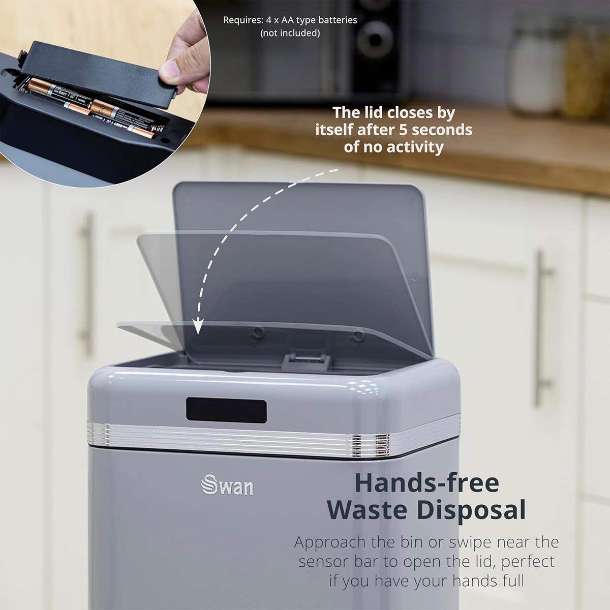 Swan Retro Square Sensor Bin With Infrared Technology Square 45 Litre - Grey