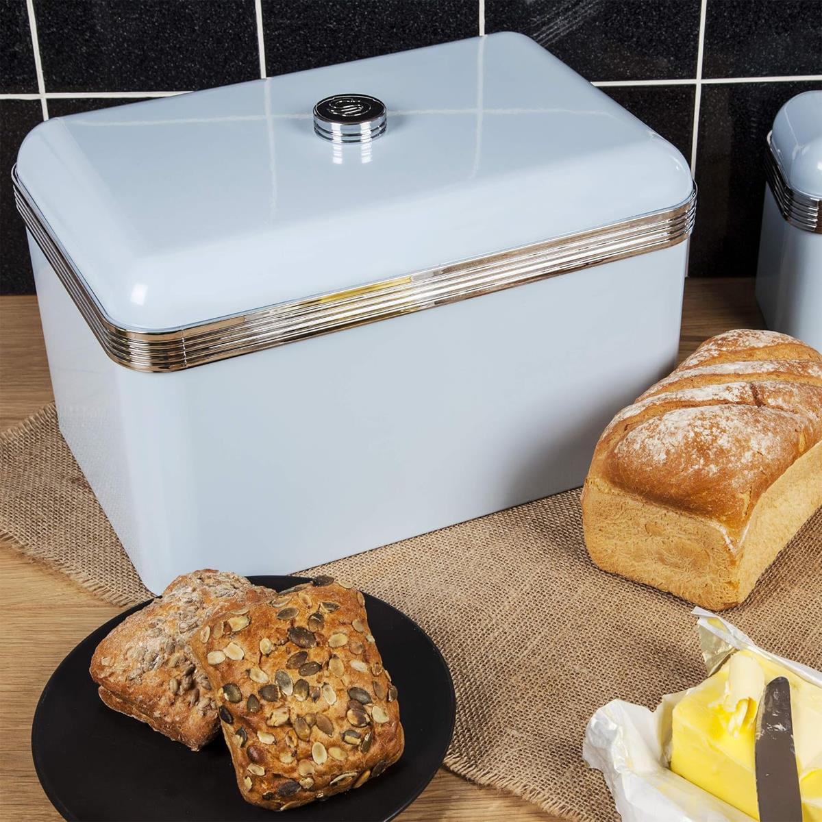 Swan Retro Bread Bin Metal Stainless Steel Chrome 18 Litre Storage Capacity - Blue