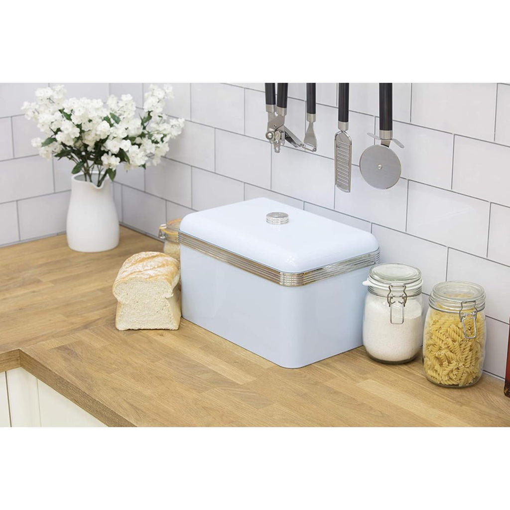 Swan Retro Bread Bin Metal Stainless Steel Chrome 18 Litre Storage Capacity - Blue