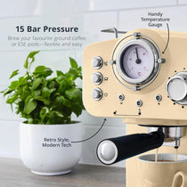 Swan Retro Pump Espresso Coffee Machine 1100 W 1.2 Litre - Cream