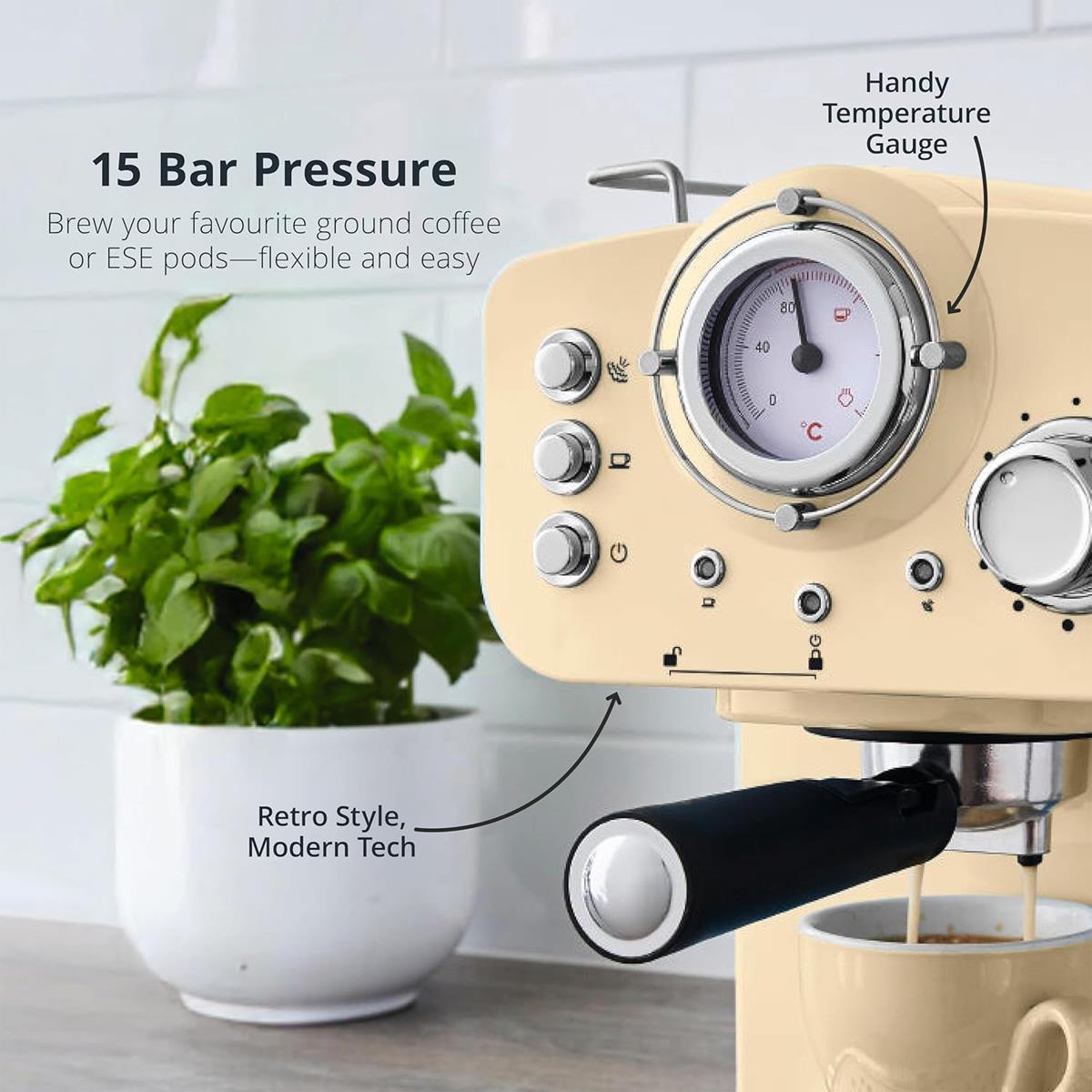 Swan Retro Pump Espresso Coffee Machine 1100 W 1.2 Litre - Cream