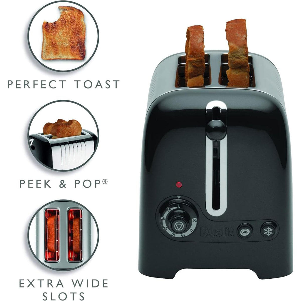 Dualit Lite 2 Slice Toaster With Bagel Defrost Cancel And Reheat Extra Wide Slots High Gloss 1100W - Black
