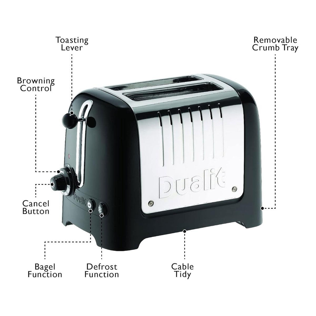 Dualit Lite 2 Slice Toaster With Bagel Defrost Cancel And Reheat Extra Wide Slots High Gloss 1100W - Black