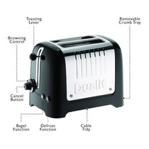 Dualit Lite 2 Slice Toaster With Bagel Defrost Cancel And Reheat Extra Wide Slots High Gloss 1100W - Black