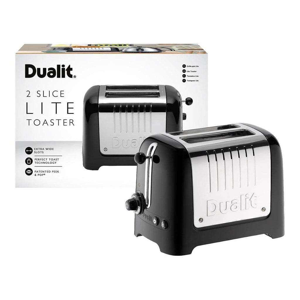 Dualit Lite 2 Slice Toaster With Bagel Defrost Cancel And Reheat Extra Wide Slots High Gloss 1100W - Black