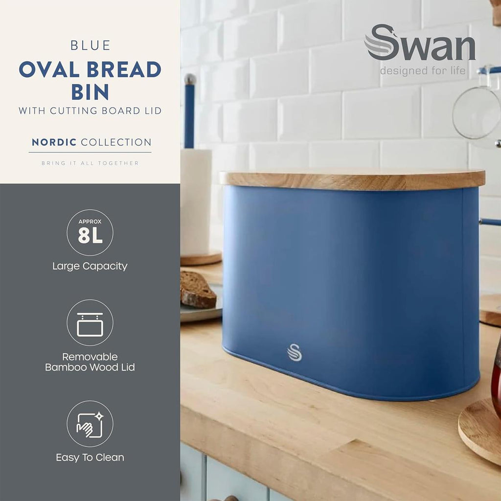 Swan Nordic Oval Bread Bin With Bamboo Cutting Board Lid Soft Touch Finish - Blue