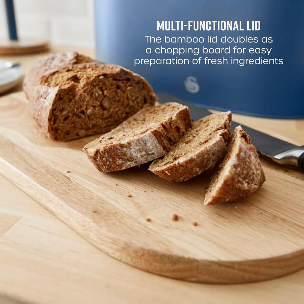Swan Nordic Oval Bread Bin With Bamboo Cutting Board Lid Soft Touch Finish - Blue