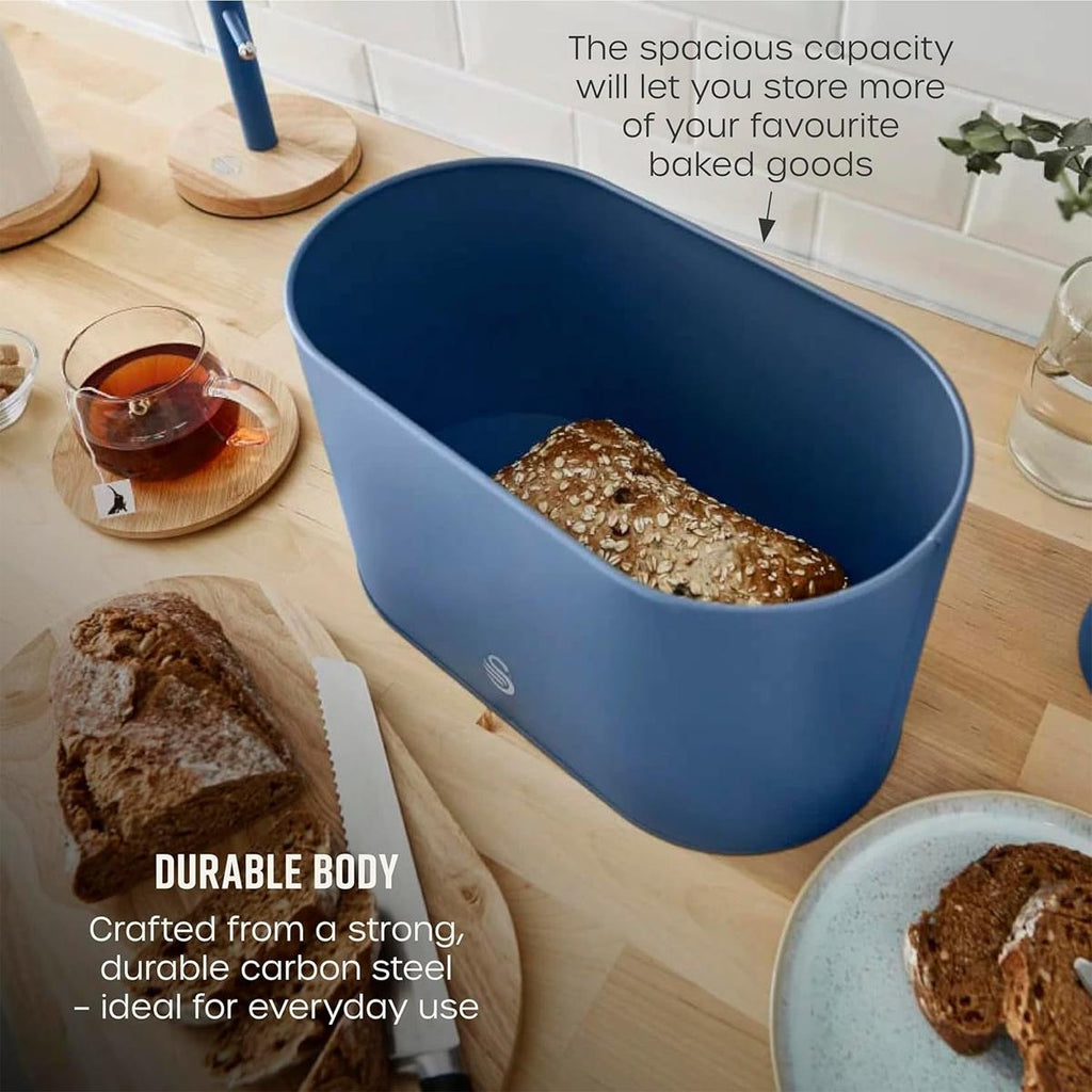 Swan Nordic Oval Bread Bin With Bamboo Cutting Board Lid Soft Touch Finish - Blue