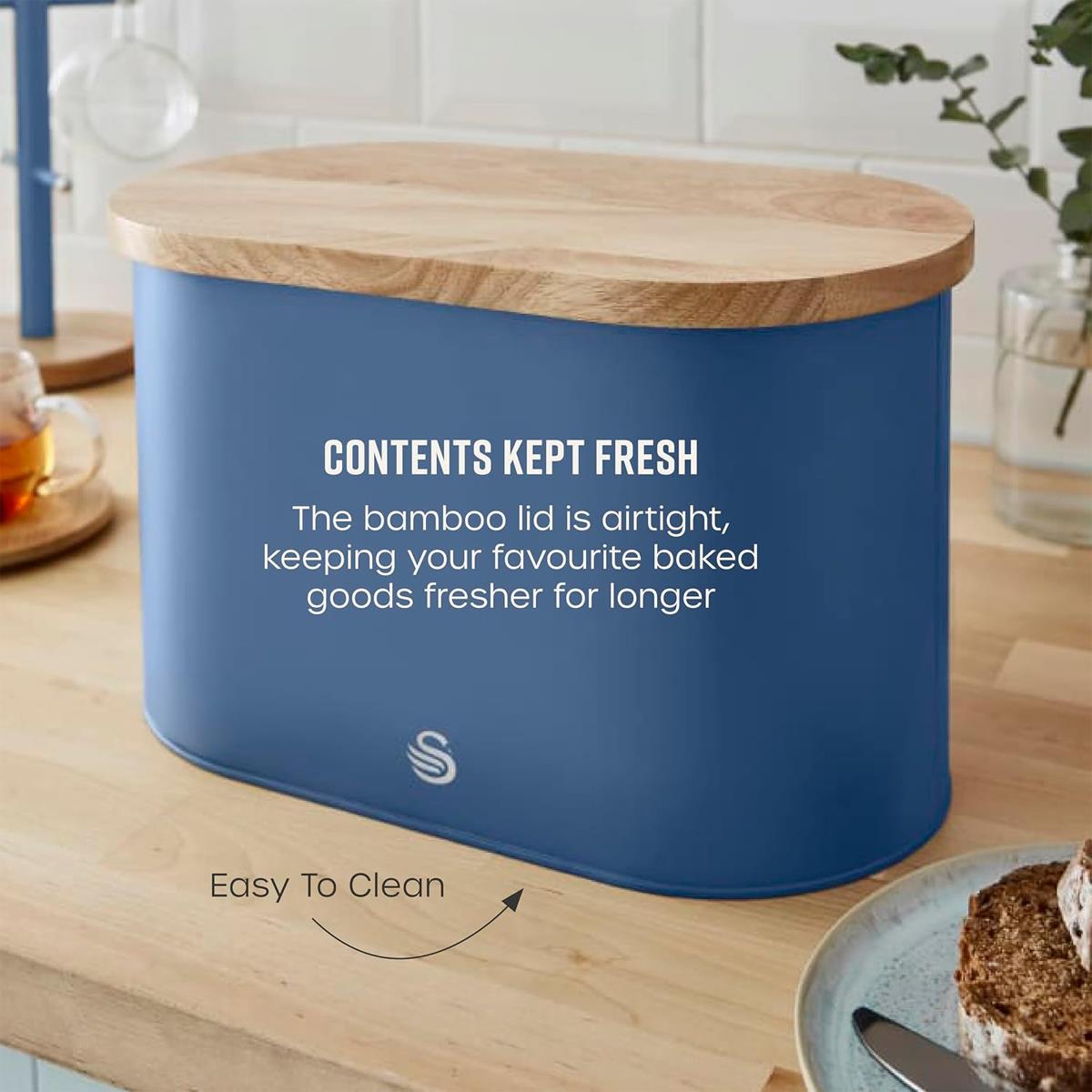 Swan Nordic Oval Bread Bin With Bamboo Cutting Board Lid Soft Touch Finish - Blue