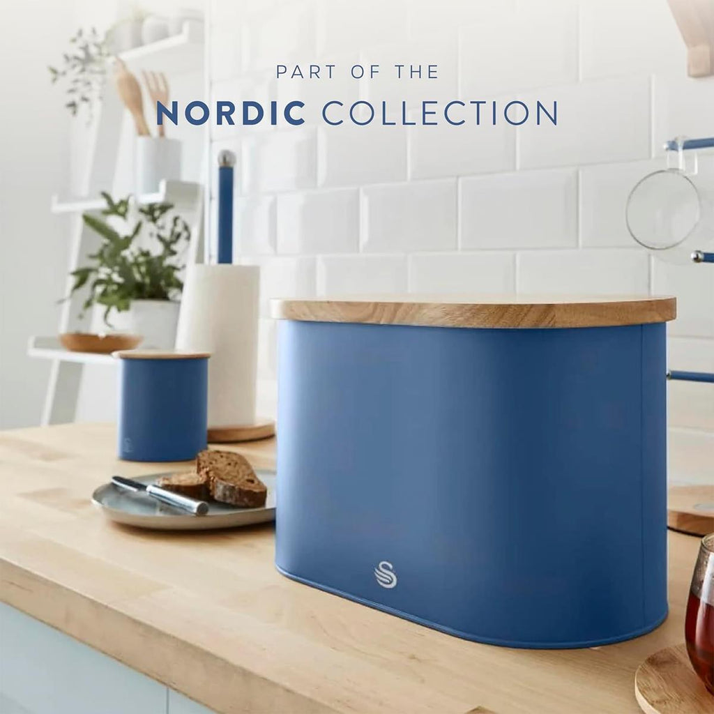 Swan Nordic Oval Bread Bin With Bamboo Cutting Board Lid Soft Touch Finish - Blue