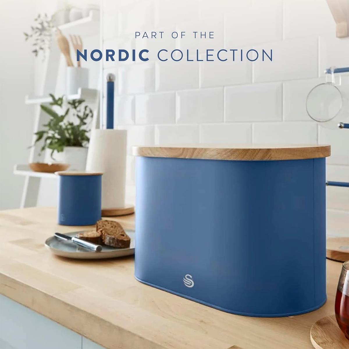 Swan Nordic Oval Bread Bin With Bamboo Cutting Board Lid Soft Touch Finish - Blue