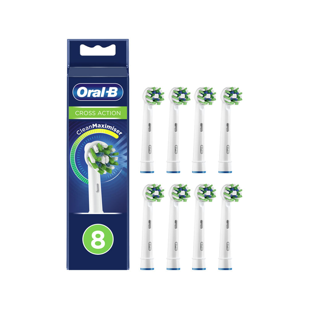 Oral B CrossAction Electric Rechargeable Toothbrush Replacement Refills Heads With CleanMaximiser Technology (8 Pack) - White