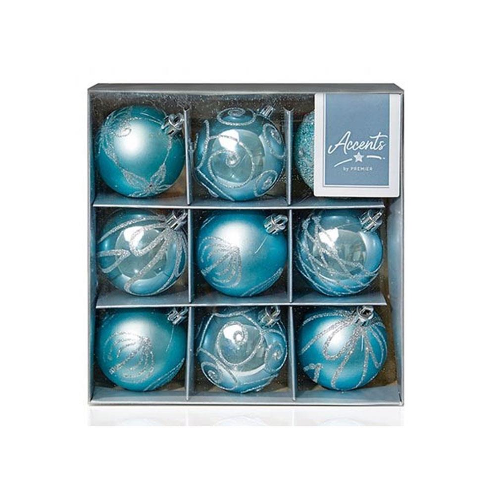 Premier Christmas Tree Decorated Baubles Balls 60mm Set of 9 - Ice Blue