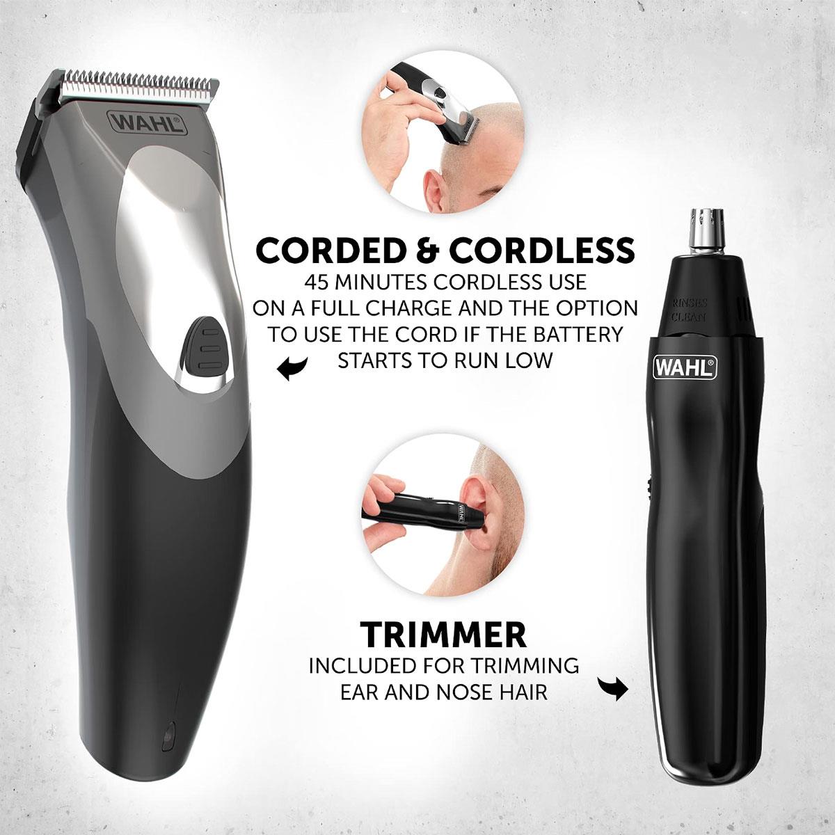 Wahl Clip N Rinse Cordless Hair Clipper And Nose Trimmer Home Haircutting Kit - Black