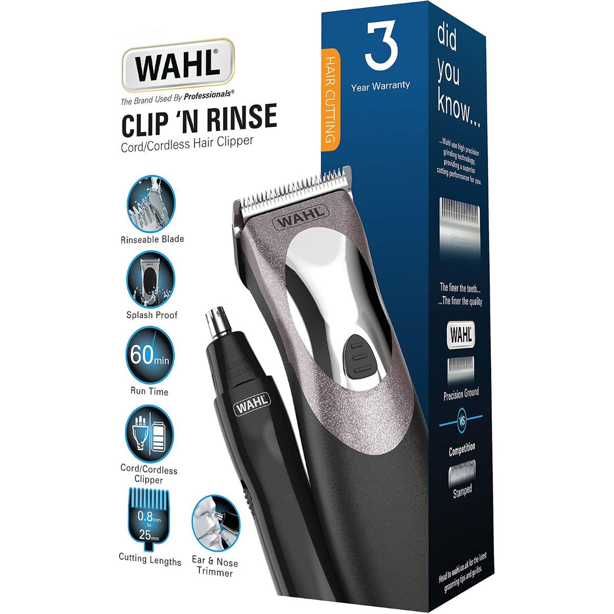 Wahl Clip N Rinse Cordless Hair Clipper And Nose Trimmer Home Haircutting Kit - Black
