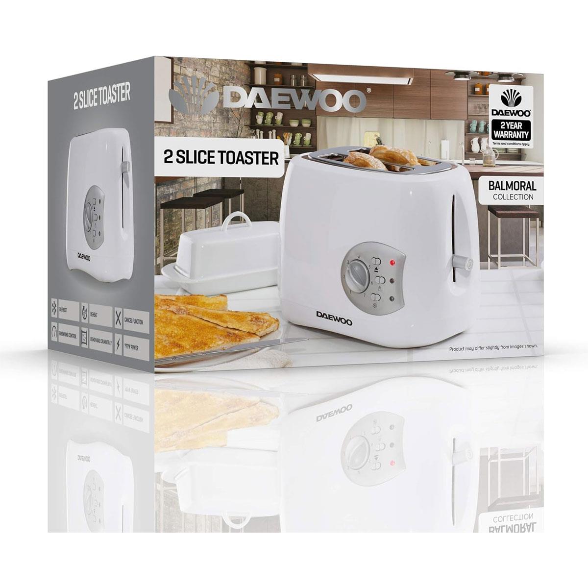 Daewoo Balmoral 2 Slice Toaster with Reheat And Defrost And Browning Control Plastic 800 W - White