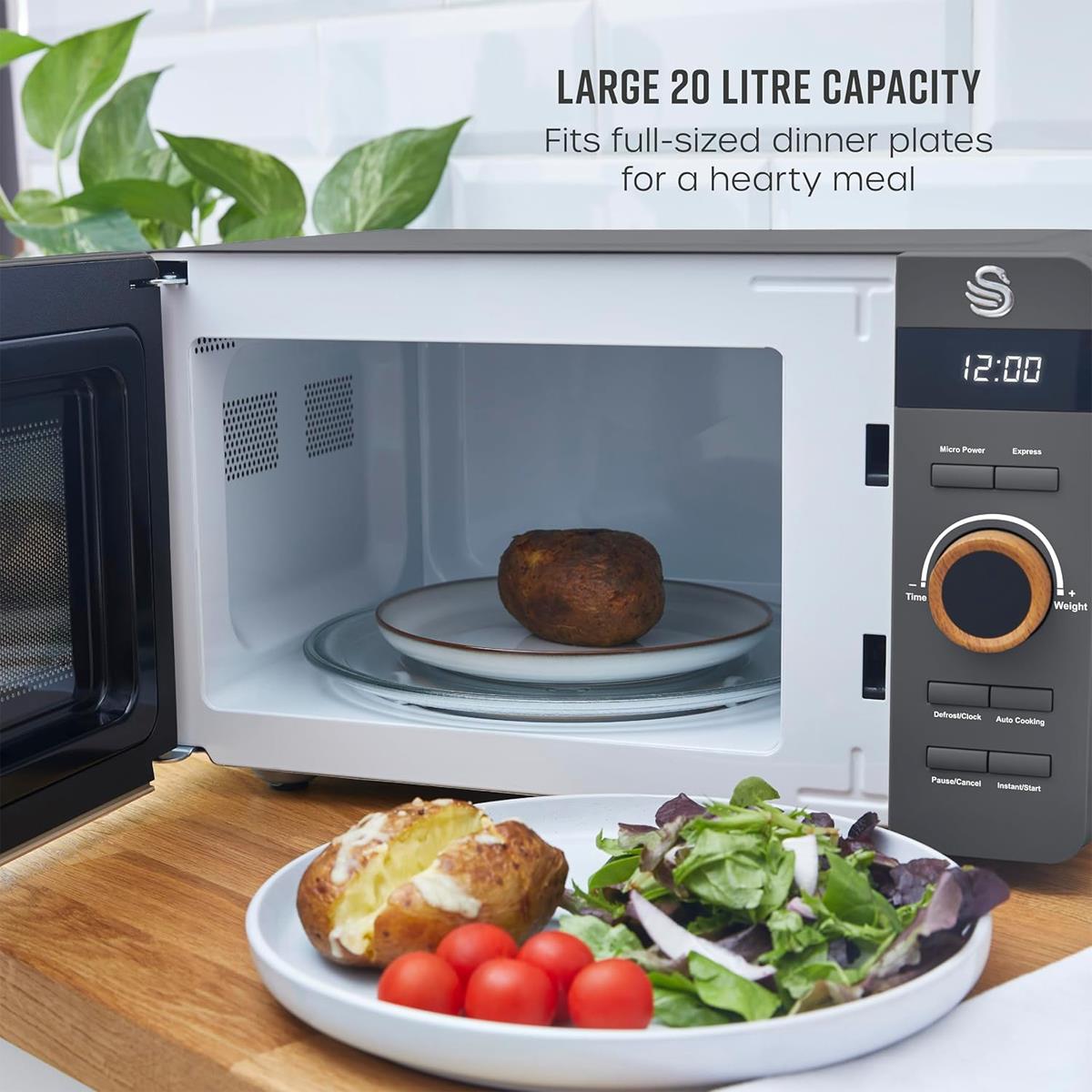 Swan Nordic Digital LED Microwave With Wood Effect Handle 20 Liters 800 W - Slate Grey