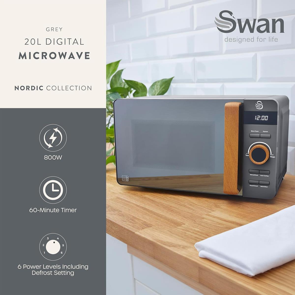 Swan Nordic Digital LED Microwave With Wood Effect Handle 20 Liters 800 W - Slate Grey