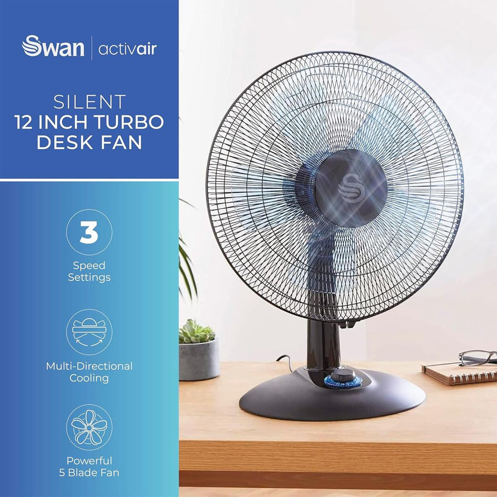 Swan 12 Inch Activair Silence And Turbo Desk Fan With 2 Speeds 60 W - Black