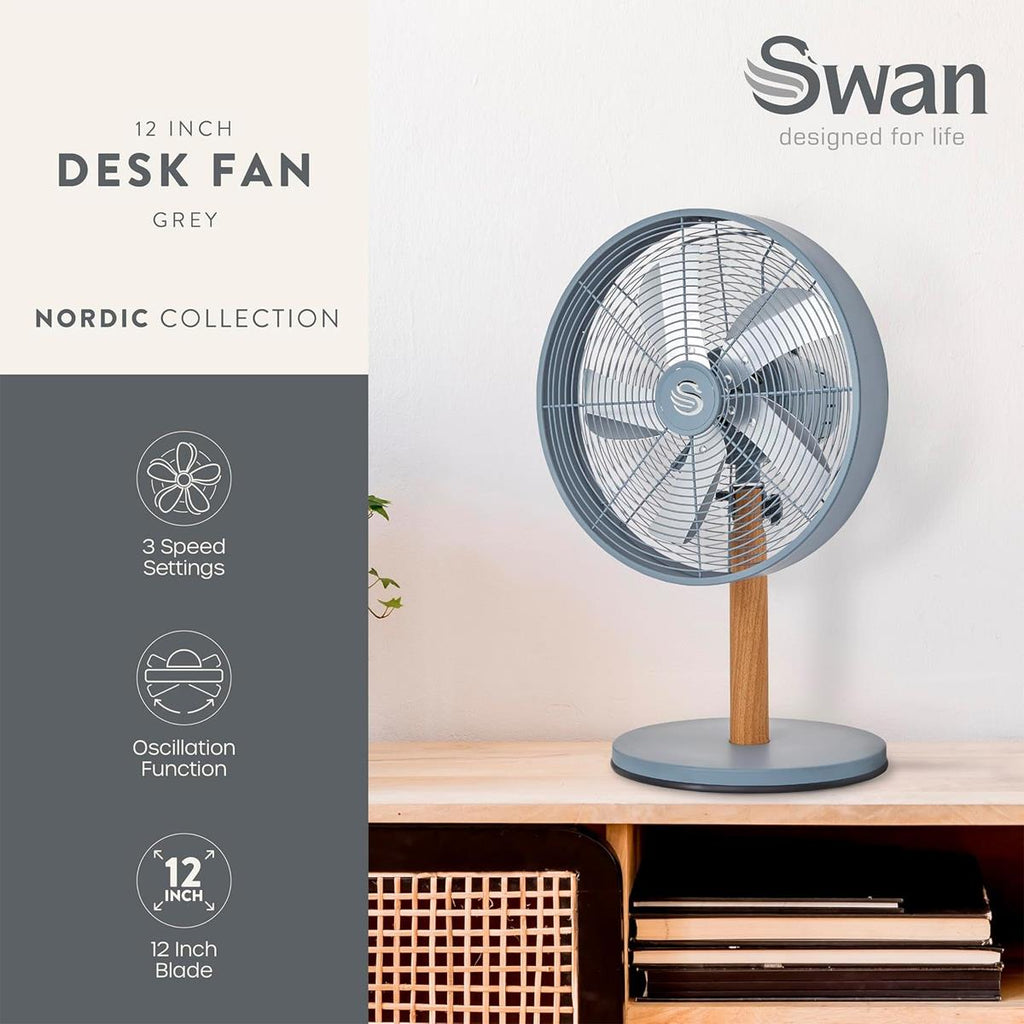 Swan 12 Inch Nordic Desk Fan With 4 Cooling Levels 35 W - Slate Grey