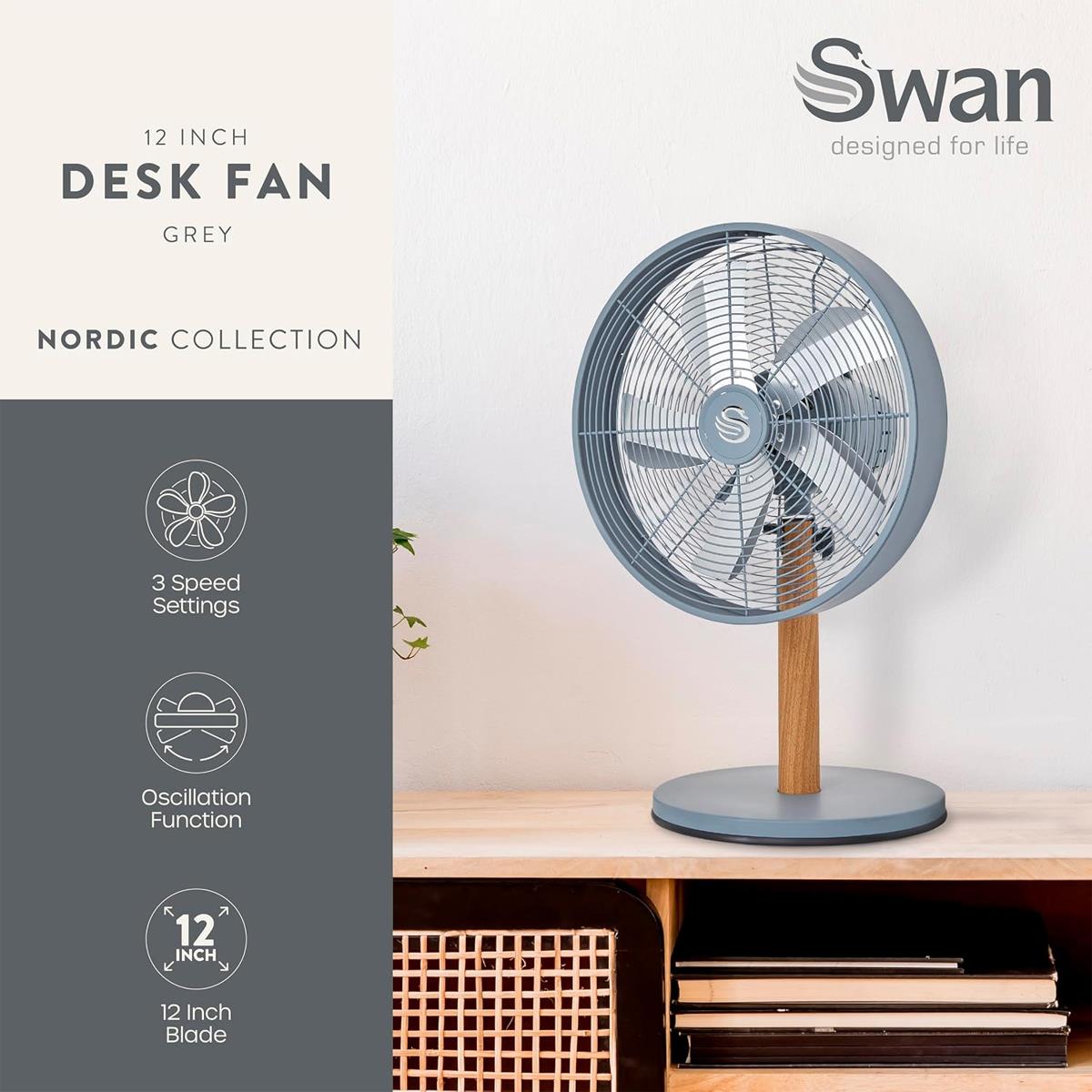 Swan 12 Inch Nordic Desk Fan With 4 Cooling Levels 35 W - Slate Grey