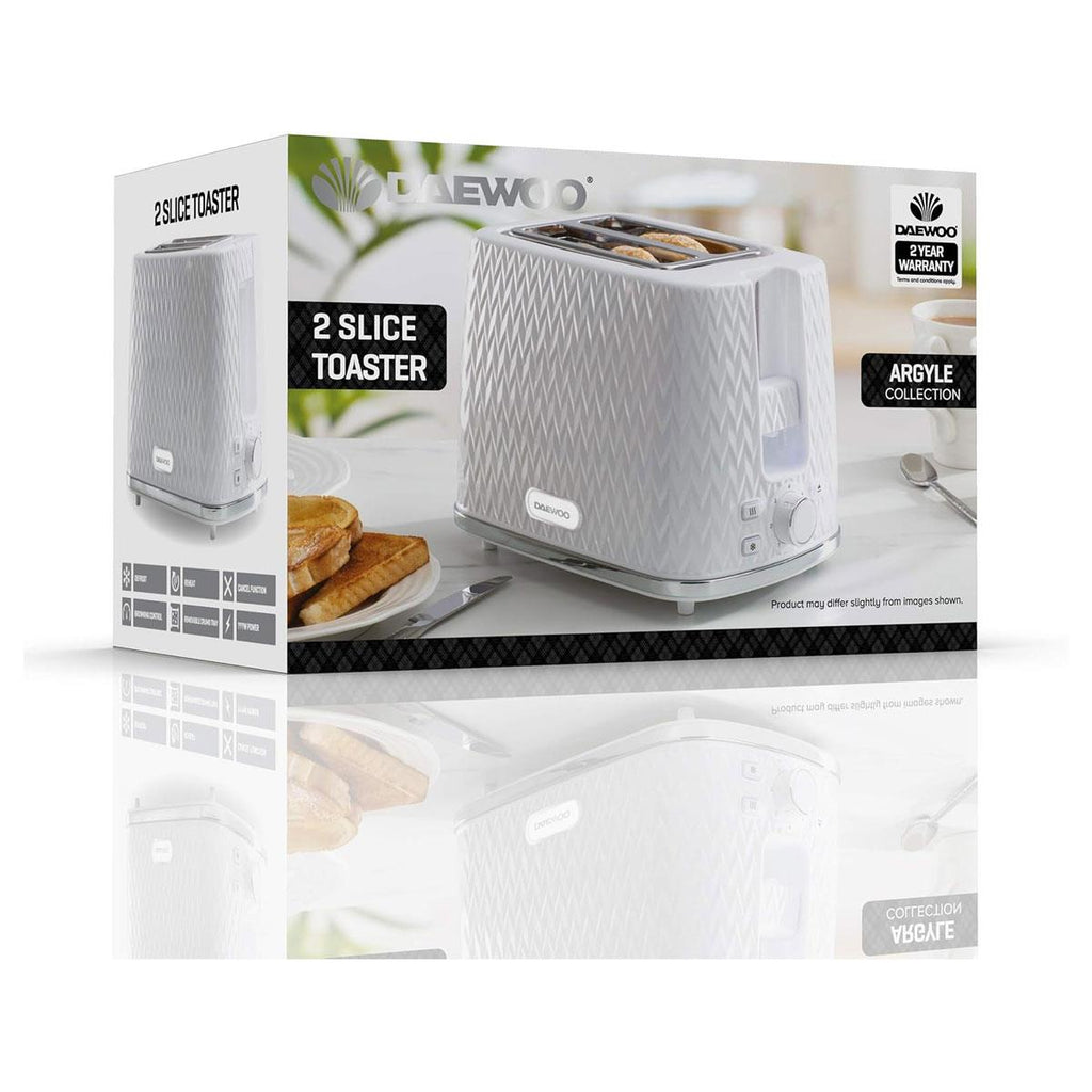 Daewoo Argyle 2 Slice Toaster With Reheat Cancel And Defrost Functions 800 W - White
