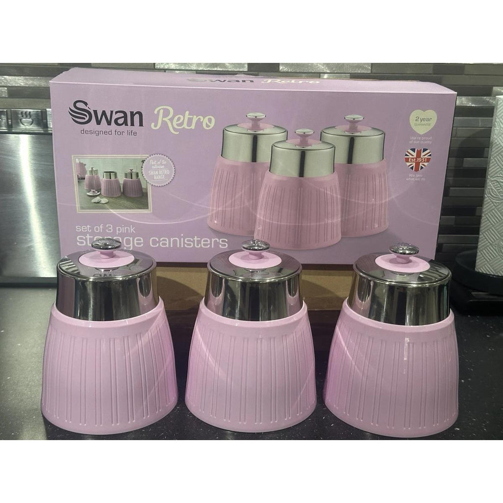 Swan Retro Tea Coffee And Sugar Canisters 1.2 Litre Capacity Set of 3 - Pink
