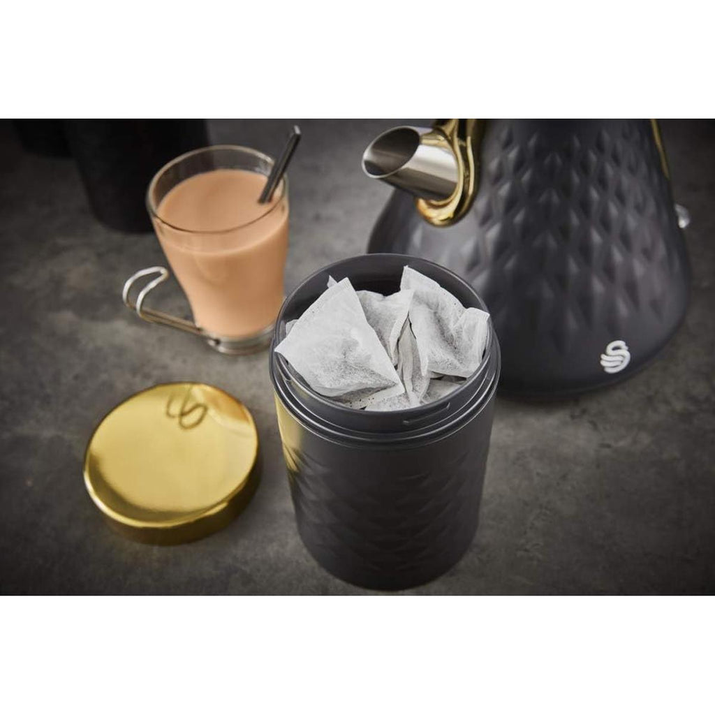 Swan Gatsby Tea Coffee Sugar Kitchen Canisters Carbon Steel And Gold Lid Set of 3 - Black