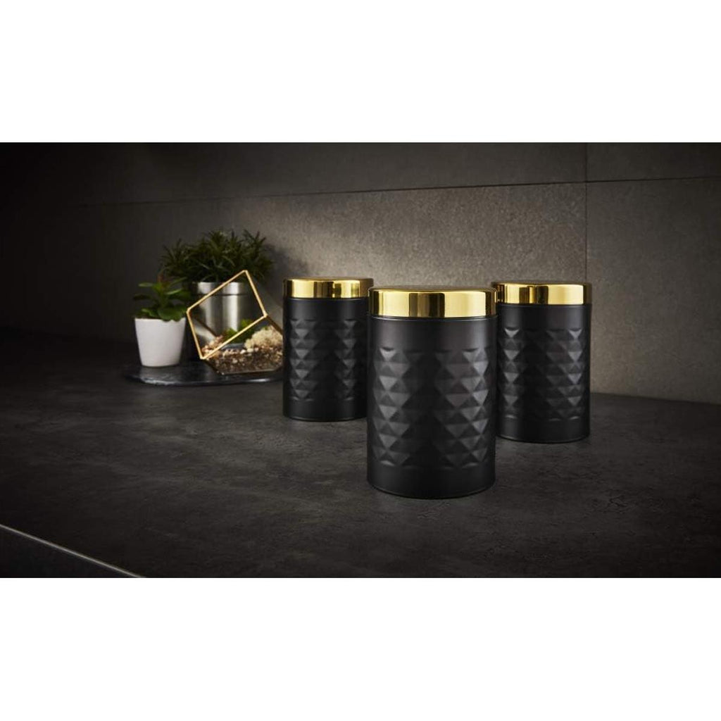 Swan Gatsby Tea Coffee Sugar Kitchen Canisters Carbon Steel And Gold Lid Set of 3 - Black