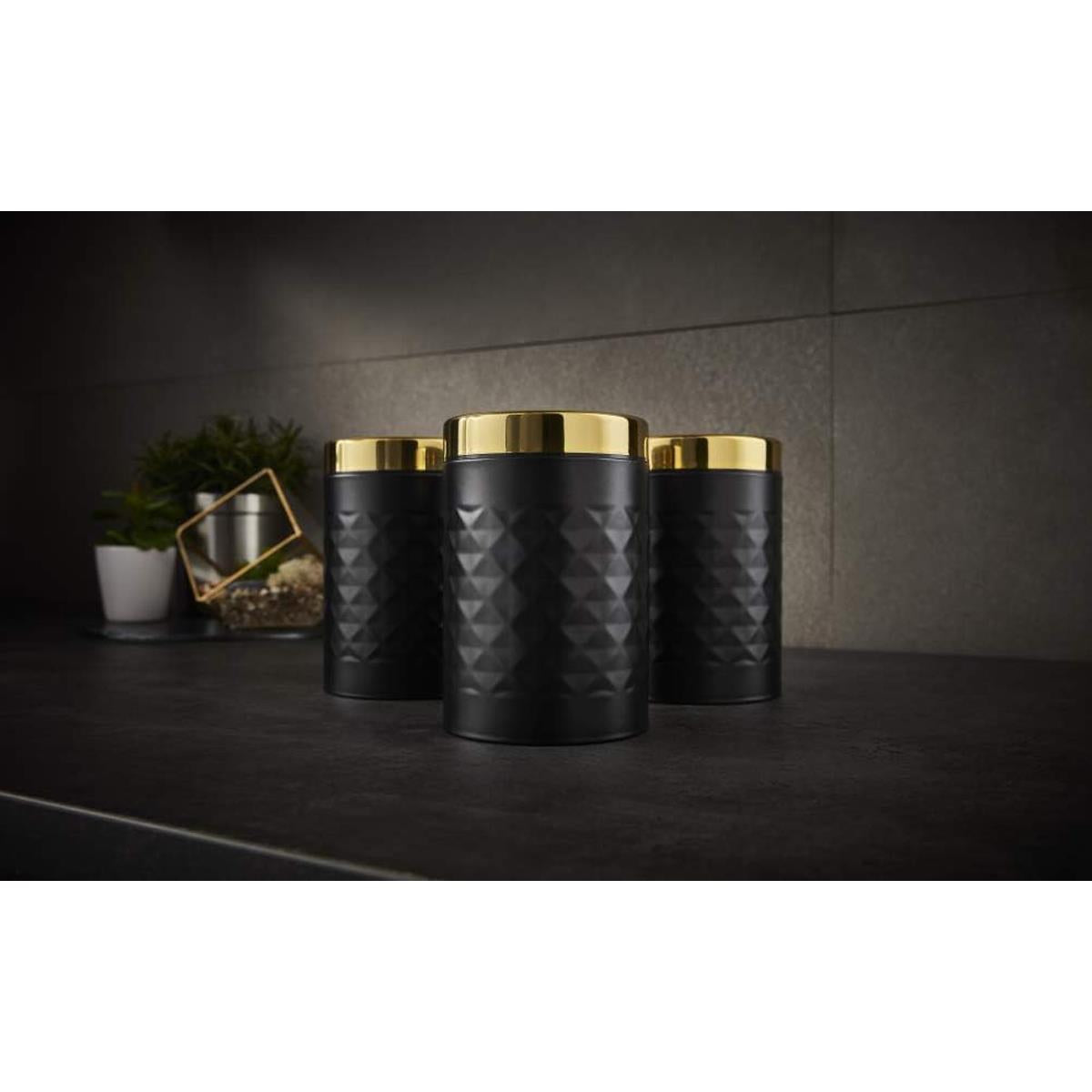 Swan Gatsby Tea Coffee Sugar Kitchen Canisters Carbon Steel And Gold Lid Set of 3 - Black