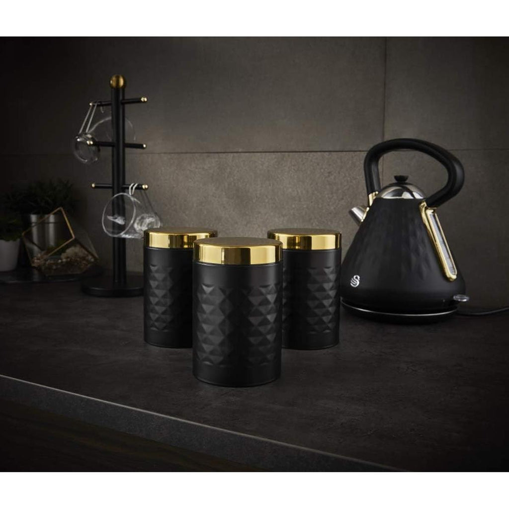Swan Gatsby Tea Coffee Sugar Kitchen Canisters Carbon Steel And Gold Lid Set of 3 - Black