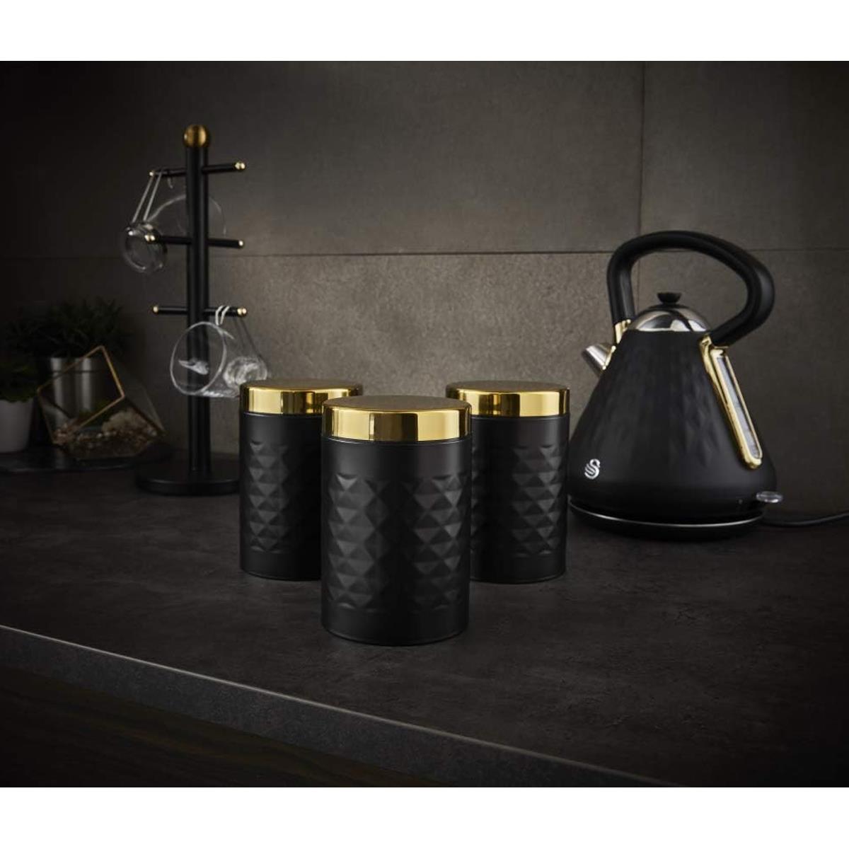 Swan Gatsby Tea Coffee Sugar Kitchen Canisters Carbon Steel And Gold Lid Set of 3 - Black
