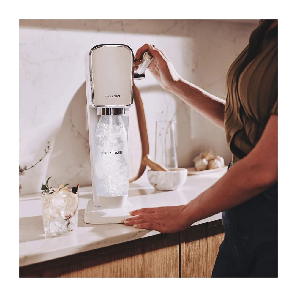 SodaStream Art Sparkling Water Maker Machine And 1 Litre Reusable Water Bottle With 60 Litre Quick Connect CO2 Gas Cylinder - White