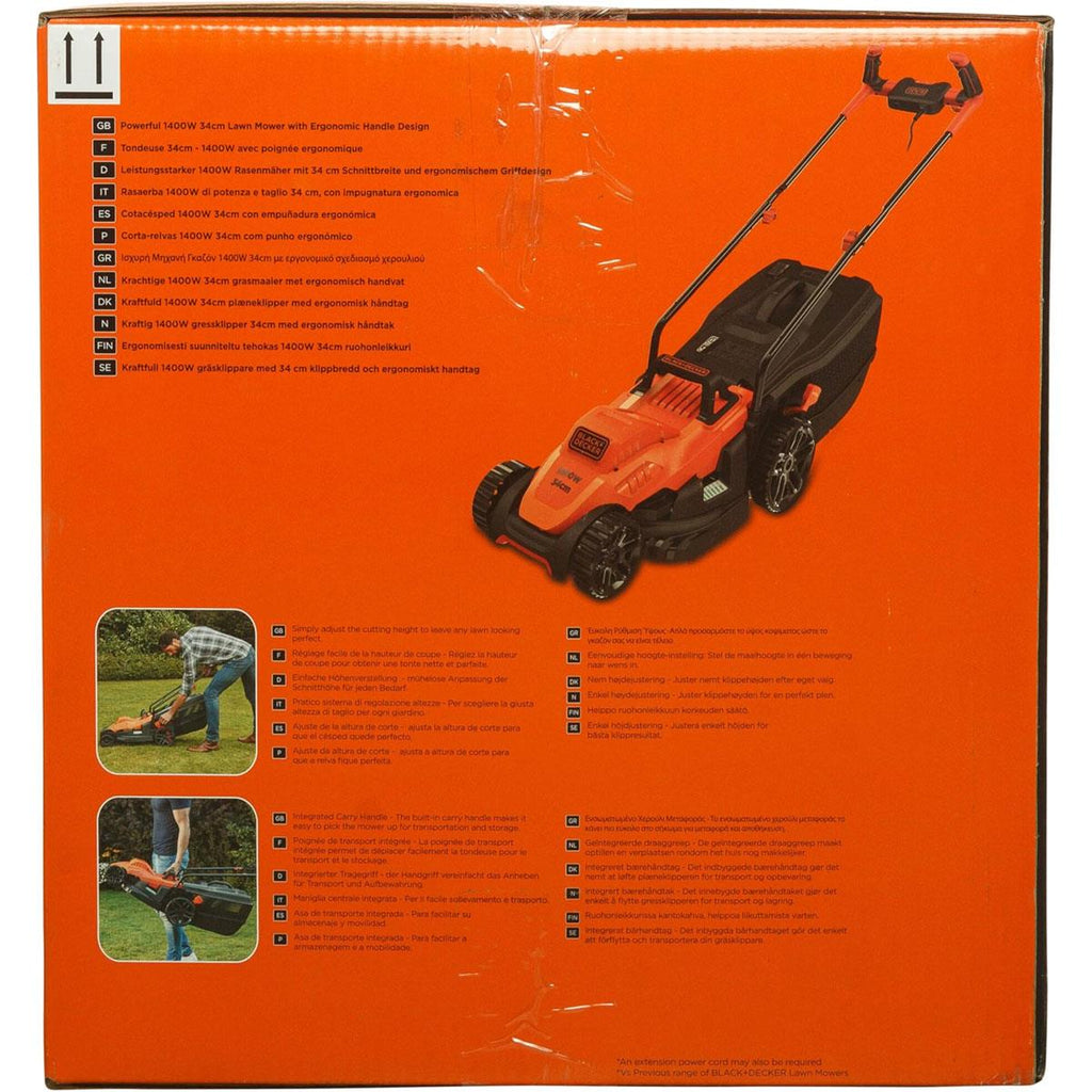 Black & Decker Corded Electric Lawn Mower With Ergonomic Bike Handle 1400W 34cm 240V - Orange/Black