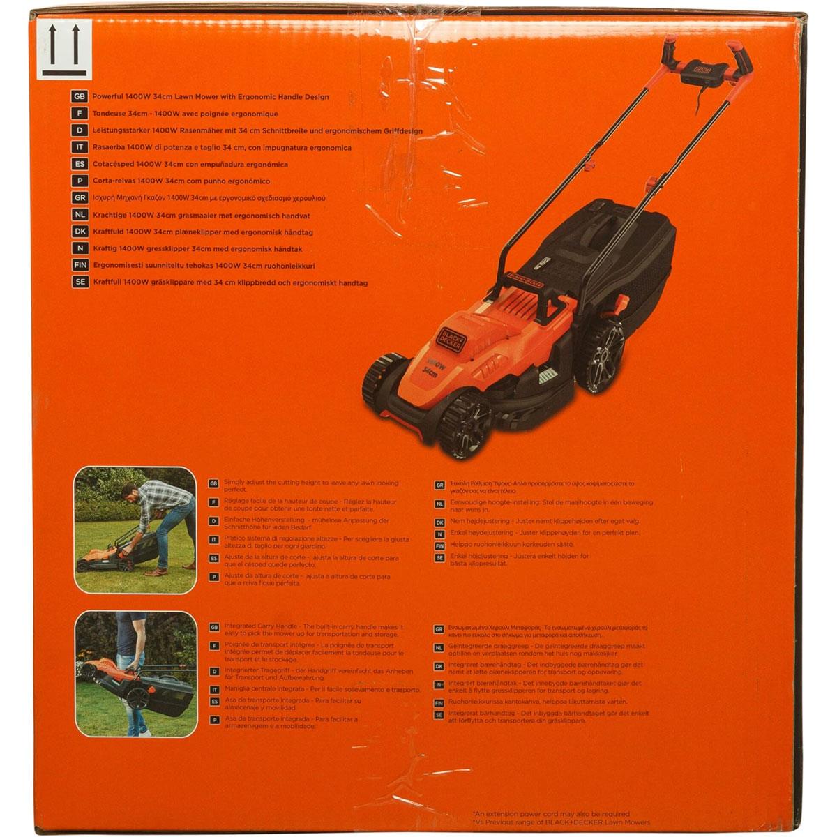 Black & Decker Corded Electric Lawn Mower With Ergonomic Bike Handle 1400W 34cm 240V - Orange/Black