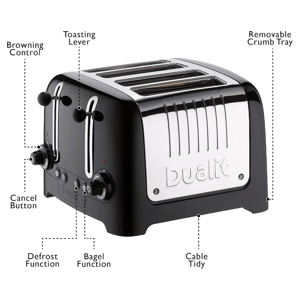 Dualit Lite 4 Slice Toaster High Gloss Stainless Steel 1260 W - Black