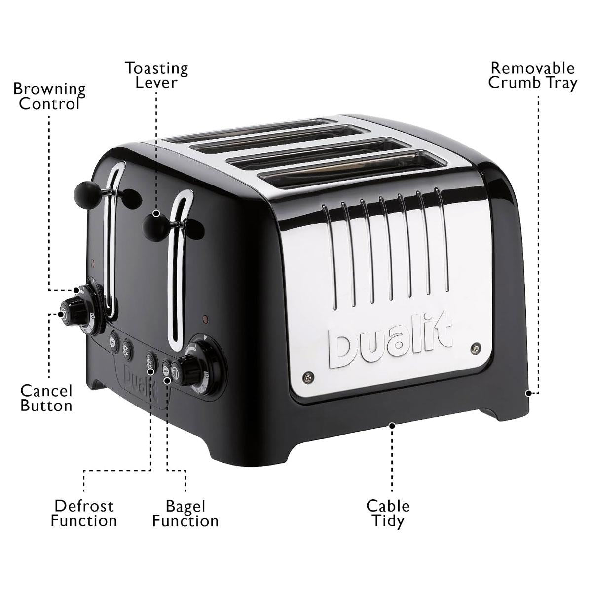 Dualit Lite 4 Slice Toaster High Gloss Stainless Steel 1260 W - Black