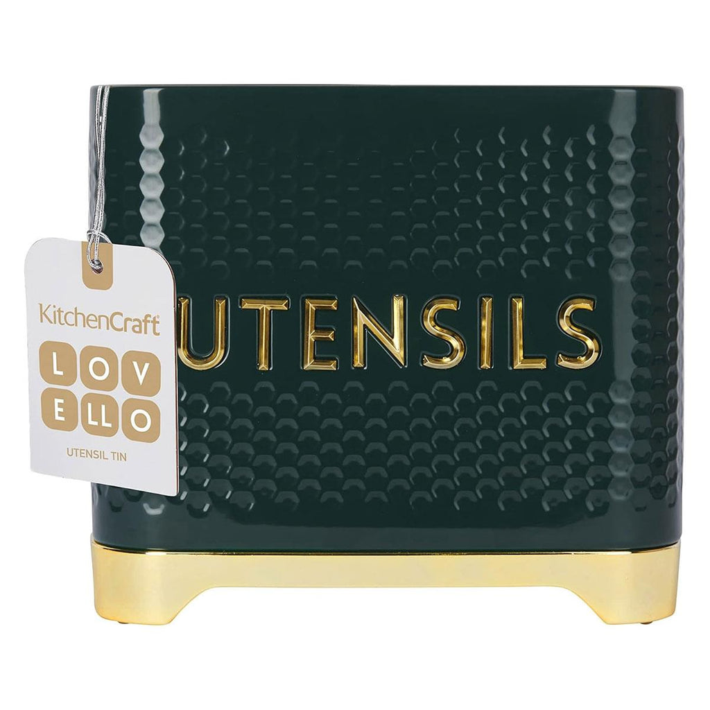 KitchenCraft Lovello Retro Utensil Holder With Geometric Textured Finish - Hunter Green