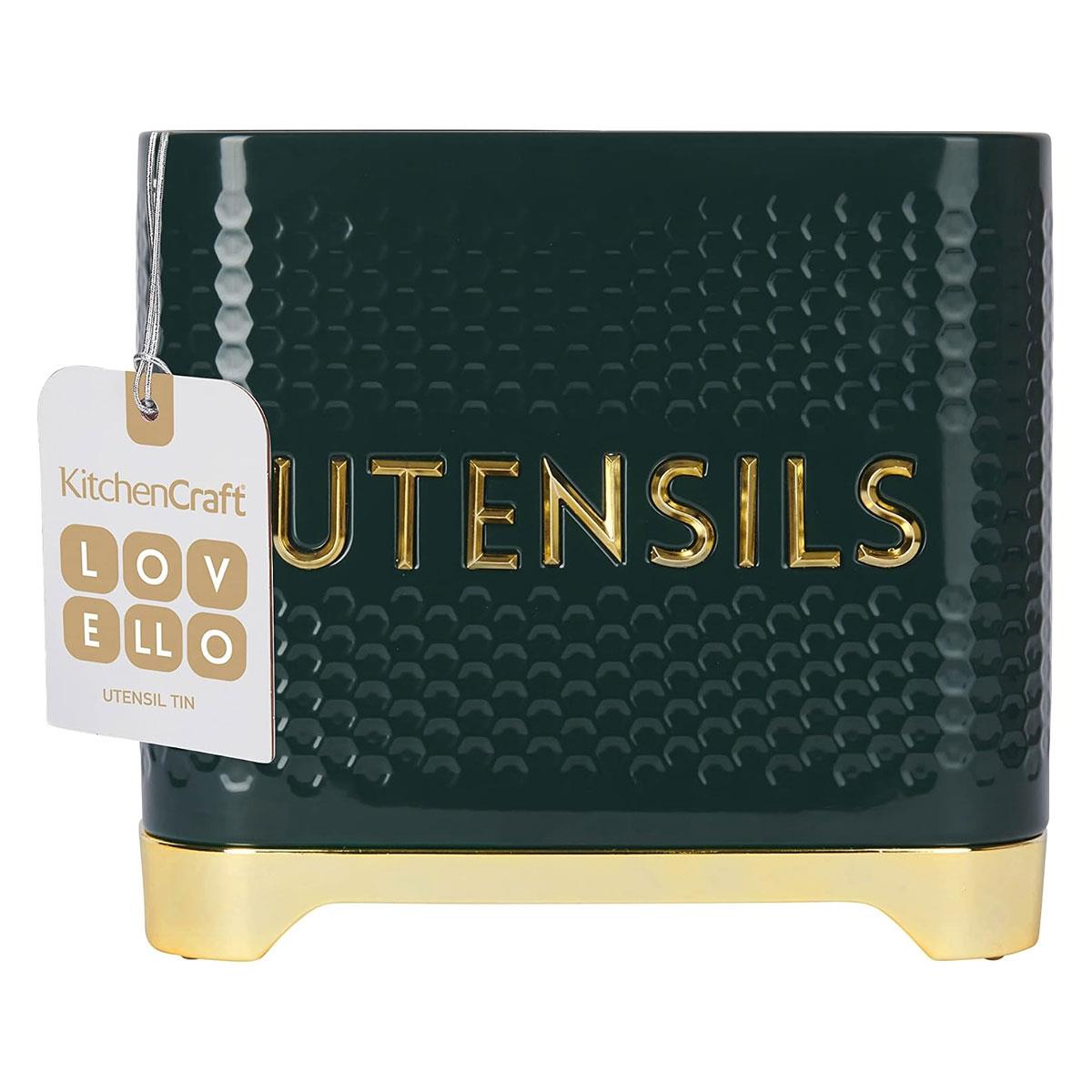 KitchenCraft Lovello Retro Utensil Holder With Geometric Textured Finish - Hunter Green