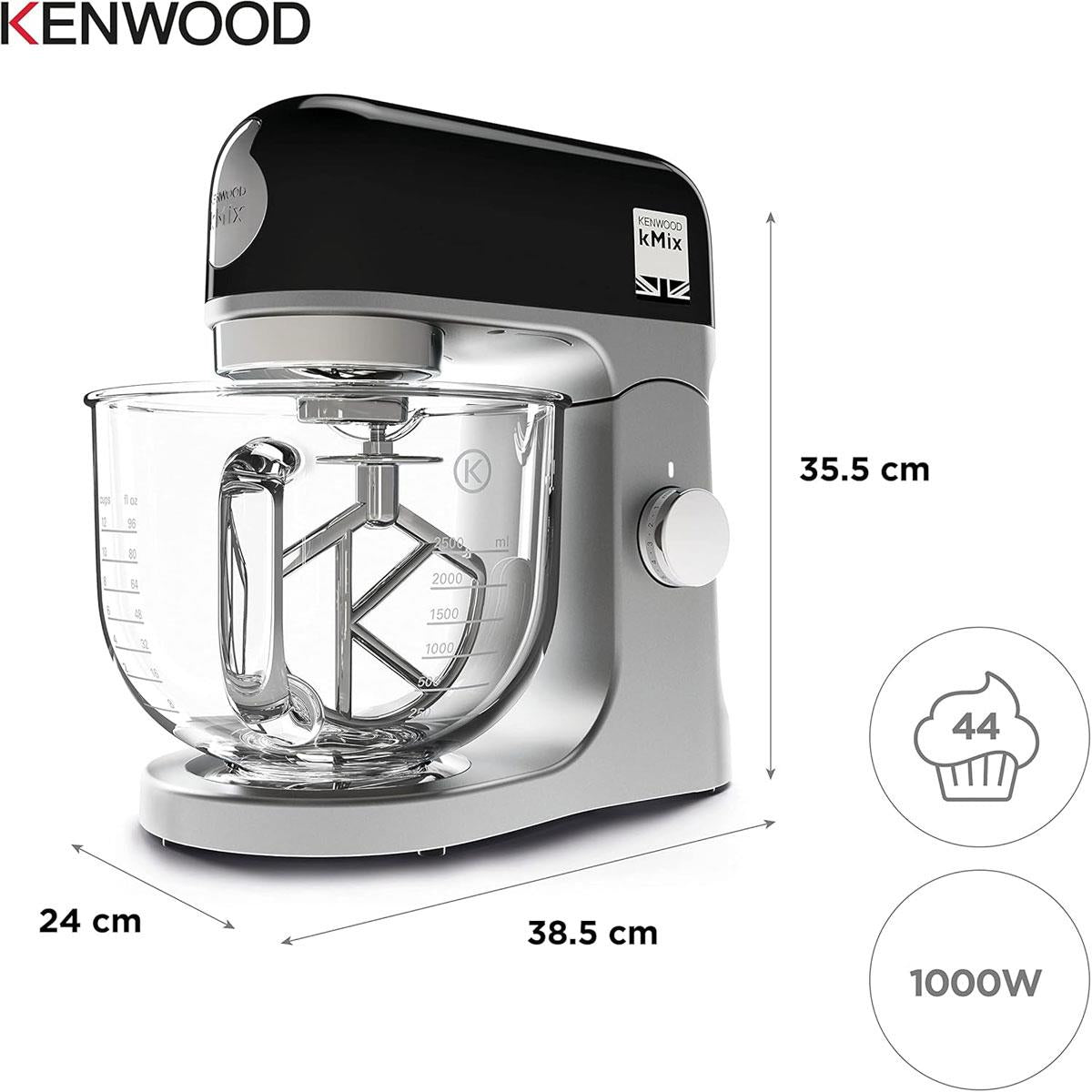 Kenwood kMix Stand Mixer With K-Beater Dough Hook And Whisk 1000 W 5 Litre Glass Bowl - Black
