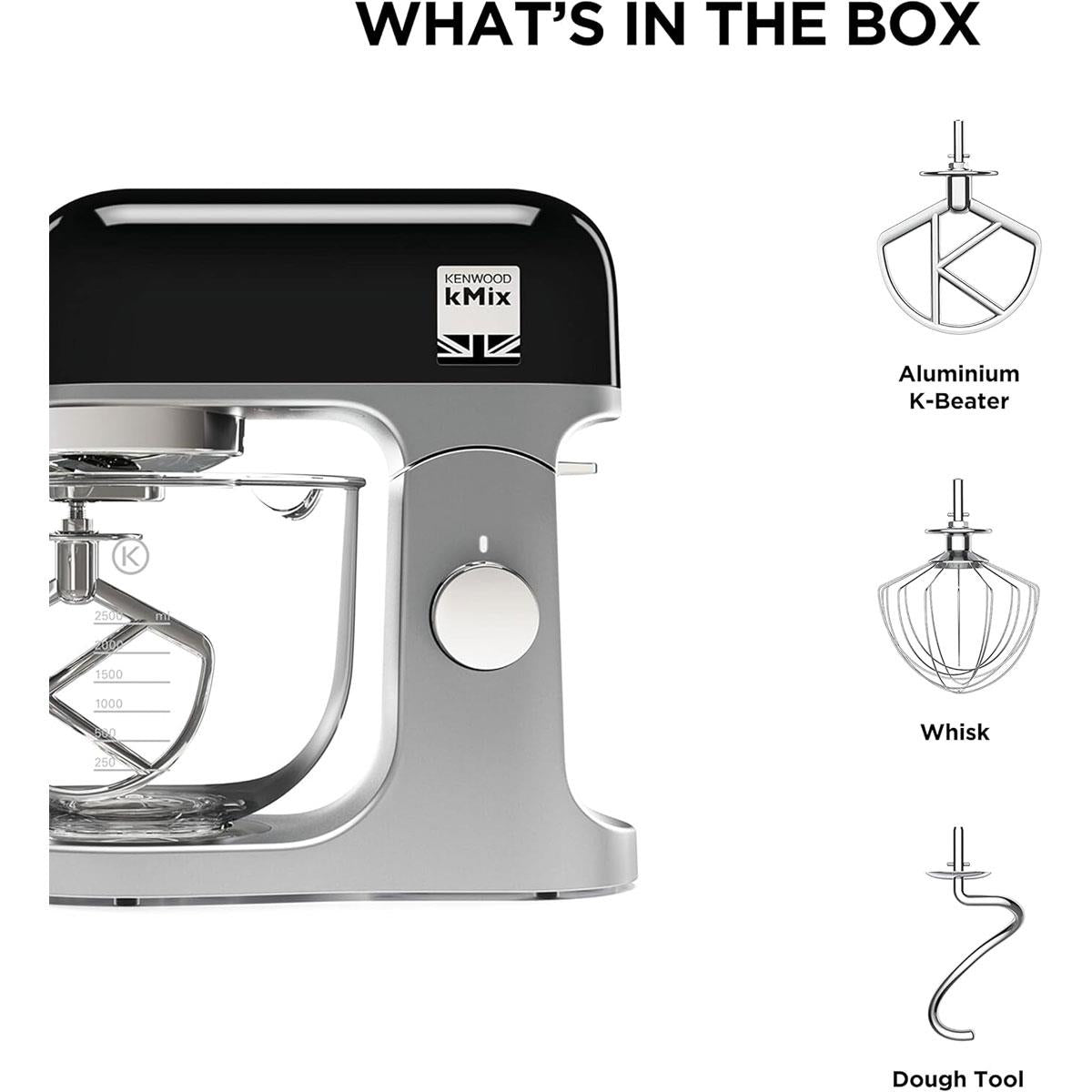 Kenwood kMix Stand Mixer With K-Beater Dough Hook And Whisk 1000 W 5 Litre Glass Bowl - Black