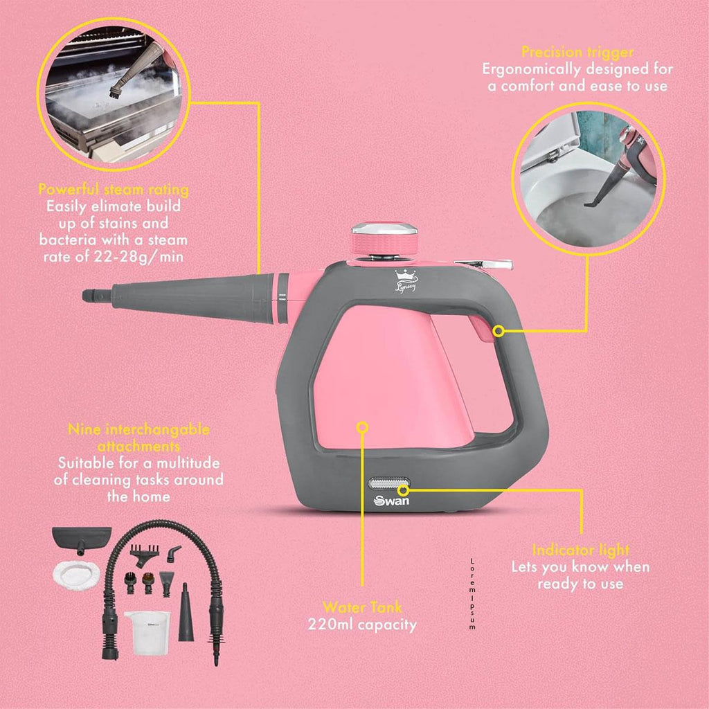 Swan Lynsey TVs Queen Of Clean Handheld Steam Cleaner With 9 Piece Accessory Kit - Pink/Grey