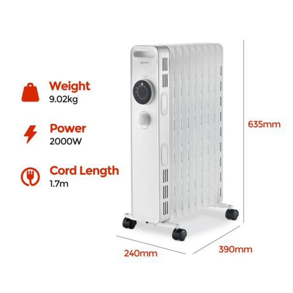 Igenix 9 Fin Oil Filled Radiator With 3 Heat Settings And Overheat Protection 2000W - White