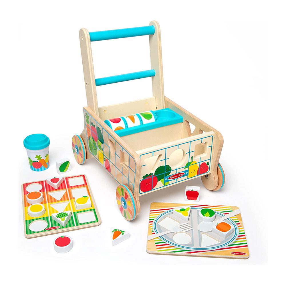Melissa & Doug Wooden Shape Sorting Grocery Cart Push Toy And Puzzles - Multicolour