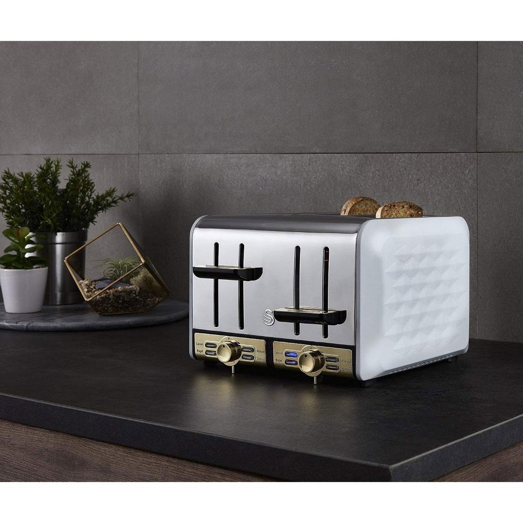 Swan Gatsby 4 Slice Toaster Diamond Pattern Design 1850 W - White And Gold