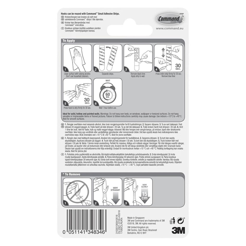 3M Command Small Hooks Clear 2 Hooks with 4 Adhesive Strips 450g Holding Power Indoor Wall Mount