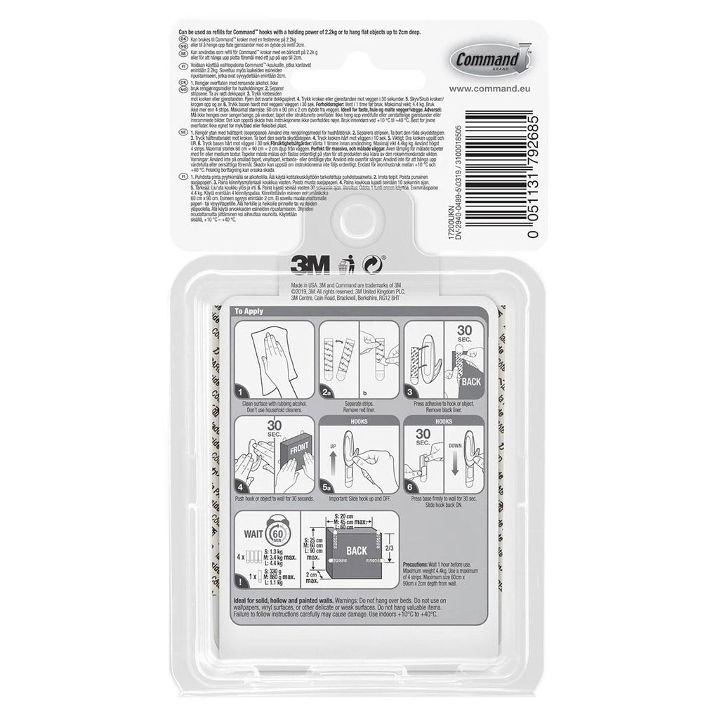 3M Command Adhesive Strips Value Pack 4.4kg White 8 Small 4 Medium 4 Large