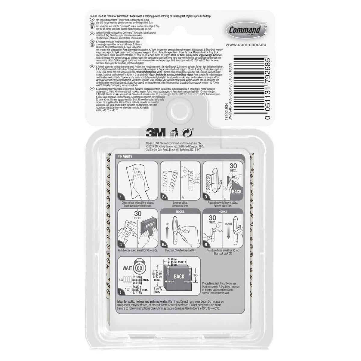 3M Command Adhesive Strips Value Pack 4.4kg White 8 Small 4 Medium 4 Large