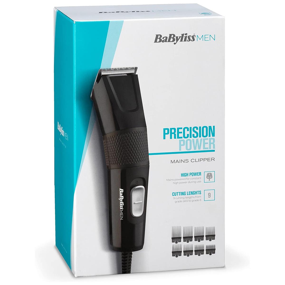 Babyliss Men Precision Power Mains Hair Clipper With 8 Cutting Guides - Black